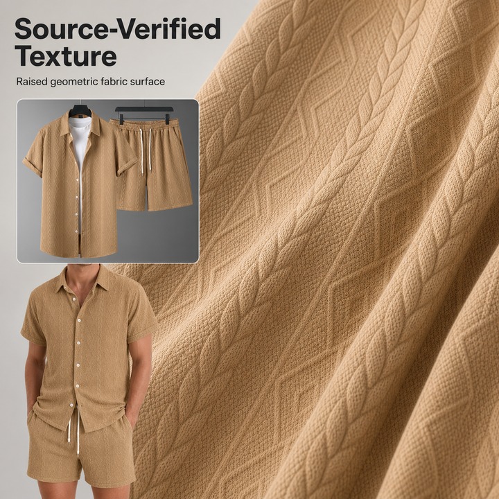 Men's Casual Sports Suit Spring Summer Knitted Pattern Loose Short Sleeve Two Piece Set In Black Beige Khaki White_viptrois.com