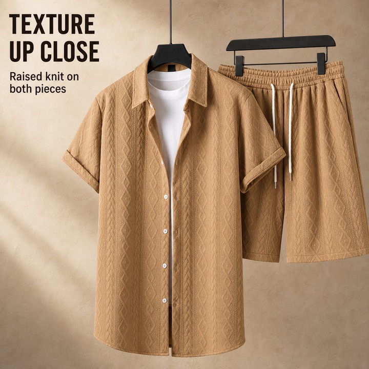 Men's Casual Sports Suit Spring Summer Knitted Pattern Loose Short Sleeve Two Piece Set In Black Beige Khaki White_viptrois.com