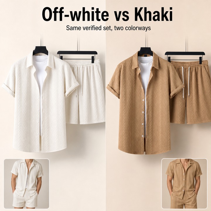 Men's Casual Sports Suit Spring Summer Knitted Pattern Loose Short Sleeve Two Piece Set In Black Beige Khaki White_viptrois.com