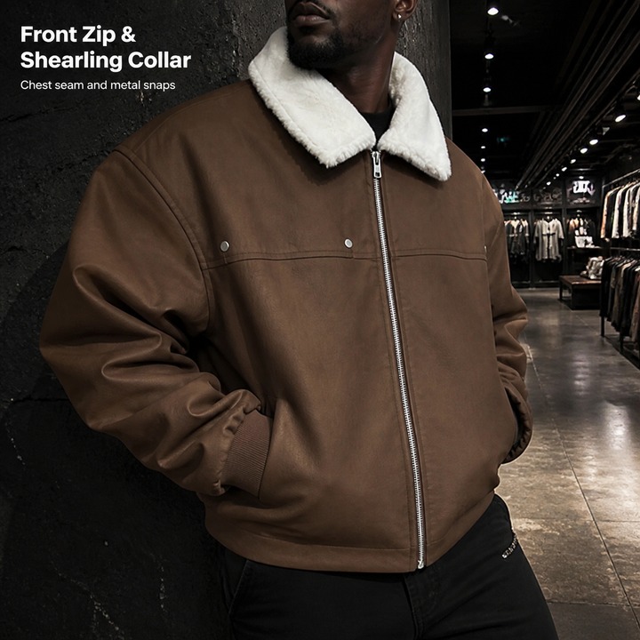​​Men's Retro PU Leather Shearling Bomber Jacket, Thickened Short Puffer Coat With Stand-Up Collar, Maillard Style Vintage Aviator Jacket For Winter​​_viptrois.com