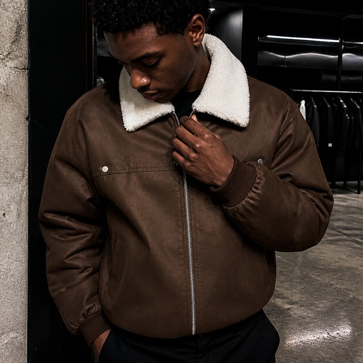 ​​Men's Retro PU Leather Shearling Bomber Jacket, Thickened Short Puffer Coat With Stand-Up Collar, Maillard Style Vintage Aviator Jacket For Winter​​_viptrois.com