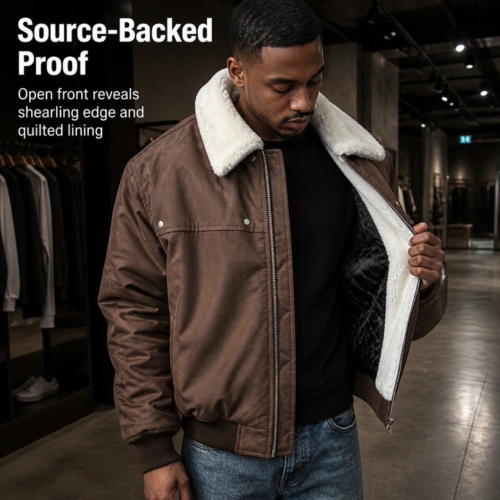 ​​Men's Retro PU Leather Shearling Bomber Jacket, Thickened Short Puffer Coat With Stand-Up Collar, Maillard Style Vintage Aviator Jacket For Winter​​_viptrois.com
