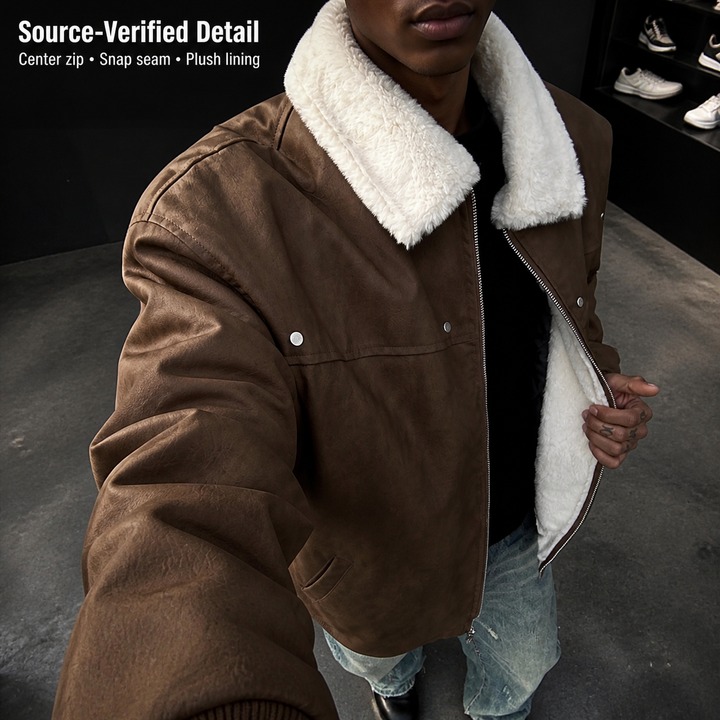 ​​Men's Retro PU Leather Shearling Bomber Jacket, Thickened Short Puffer Coat With Stand-Up Collar, Maillard Style Vintage Aviator Jacket For Winter​​_viptrois.com