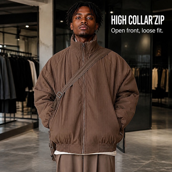 Men's Vintage Brown Puffer Jacket, Thickened Cotton Coat With Loose Fit, Warm Winter Outwear For Casual Style_viptrois.com