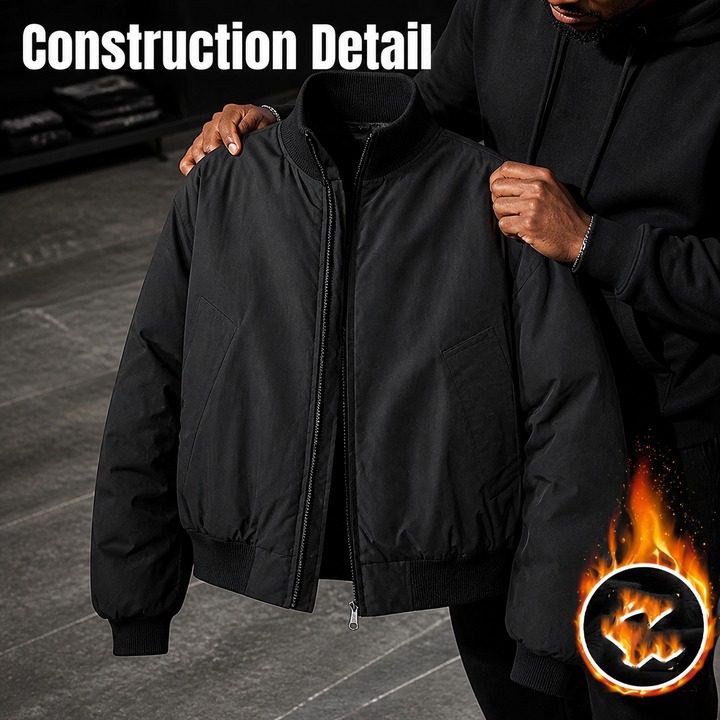 ​​Men's Brown Stand-Collar Bomber Jacket, Oversized Short Puffer Coat Vintage-Inspired Quilted Lining, Urban Streetwear Essential​​_viptrois.com