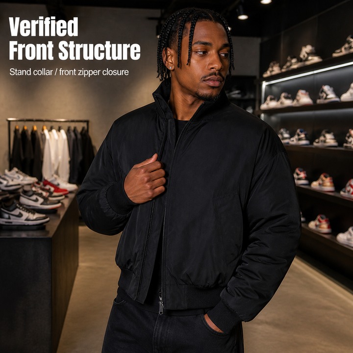 ​​Men's Brown Stand-Collar Bomber Jacket, Oversized Short Puffer Coat Vintage-Inspired Quilted Lining, Urban Streetwear Essential​​_viptrois.com